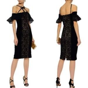 Marchesa Notte Velvet Off-the-Shoulder Midi Cocktail Dress with Lace 6
